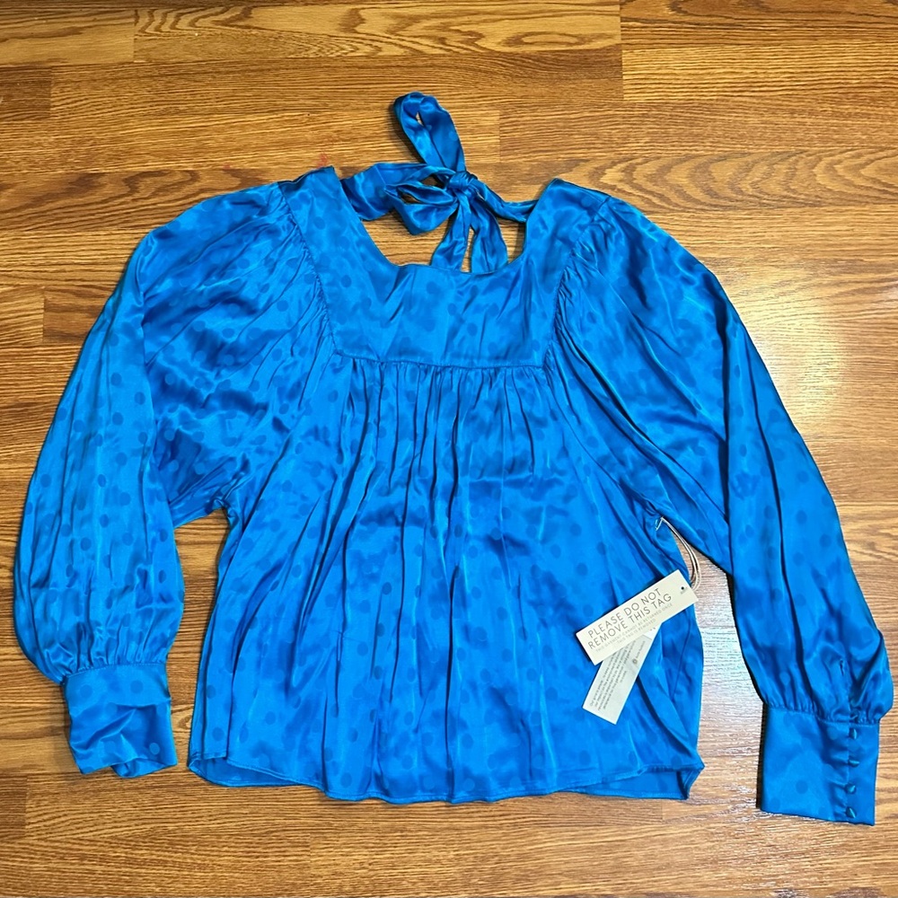 Vibrant Teal Happy X Nature Large Women's Blouse with Tie-Back